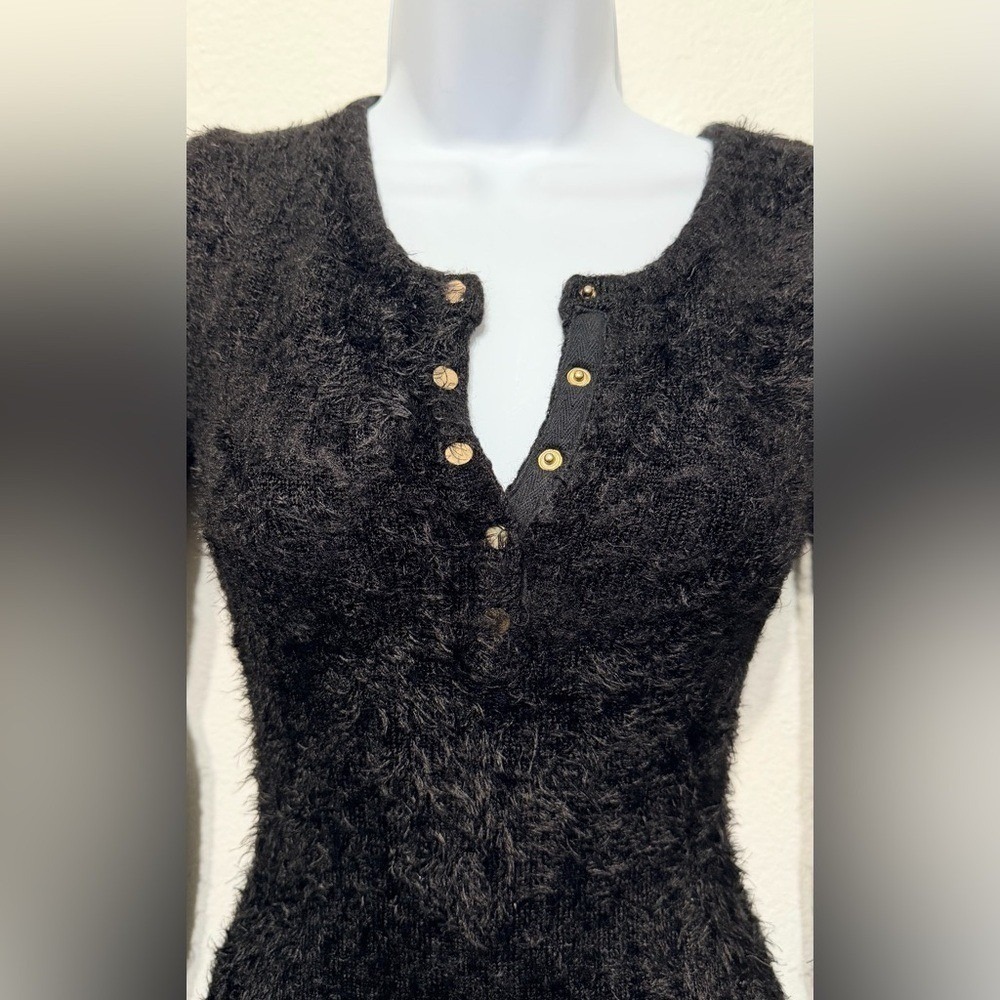 Hera Collection Black Fuzzy Knit Henley Romper Long Sleeve Bodycon Small - Picture 5 of 12